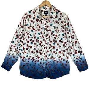 Land’s End Floral Poppies Ombre Button-Front Blouse White & Blue Medium Petitie